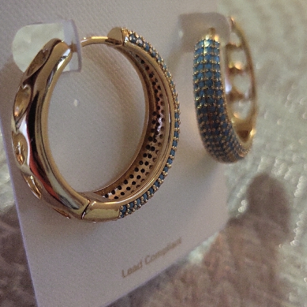 Panacea Cache Gold and Blue Textured Hoop Earrings - Picture 2 of 3